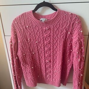 Pink Cable Knit Sweater with Pearl Accents (oversized XS)